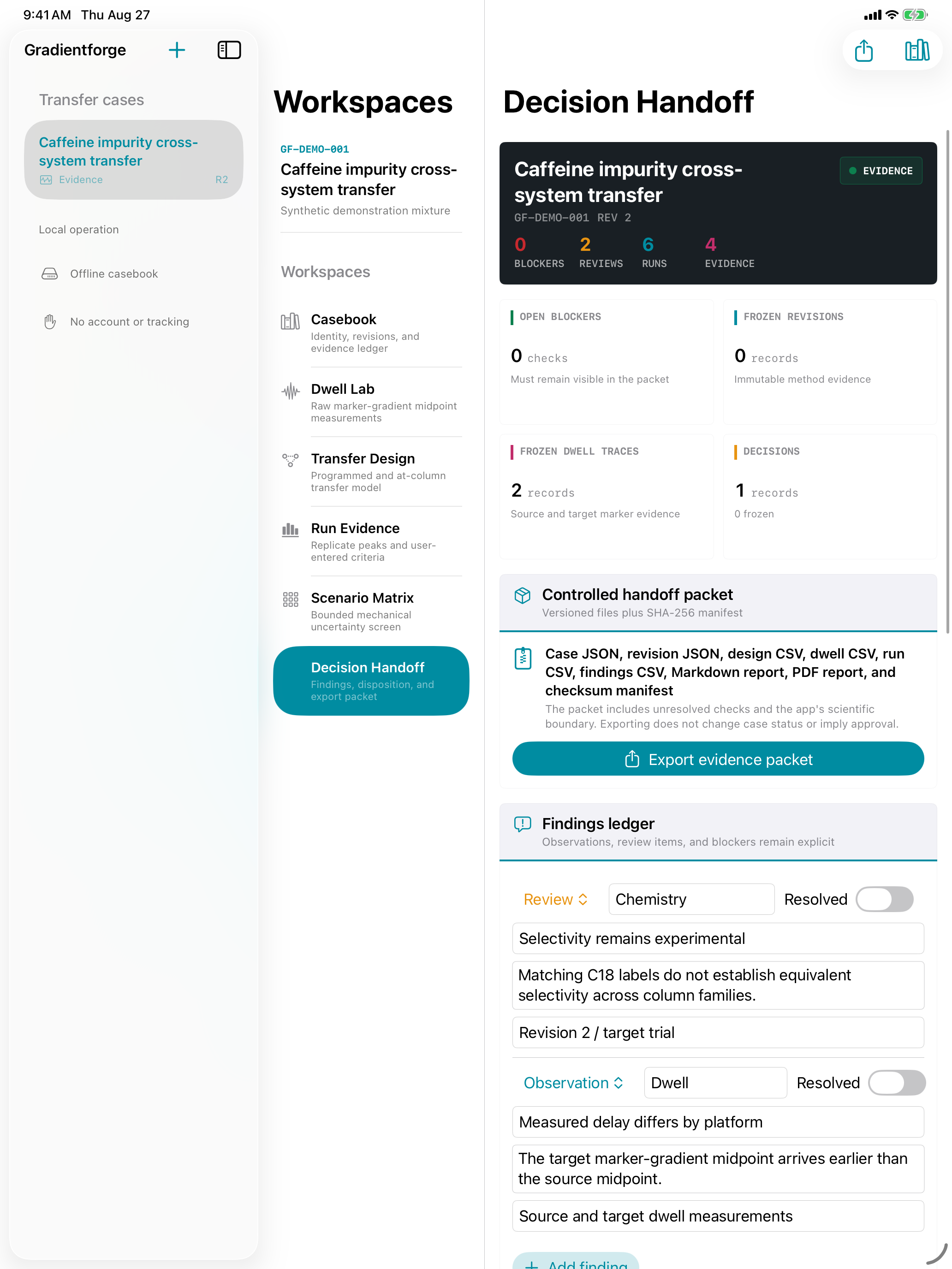 Gradientforge Decision Handoff workspace on a 13-inch iPad